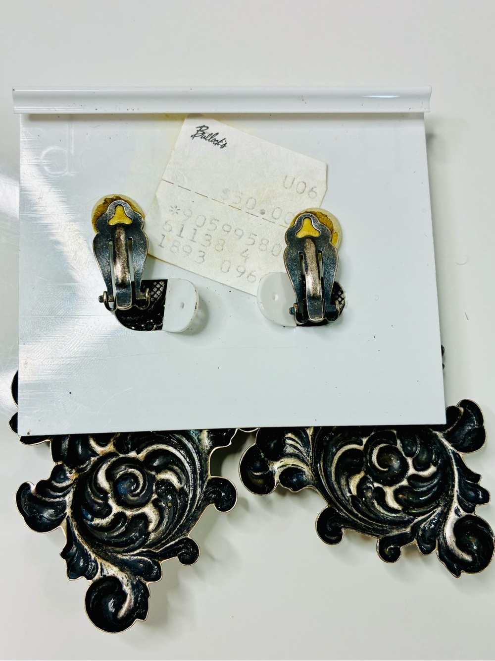 Banana Bob Baroque Scroll Drop Clip Earrings Black Faceted Cabochons 90s Runway - Picture 3 of 12